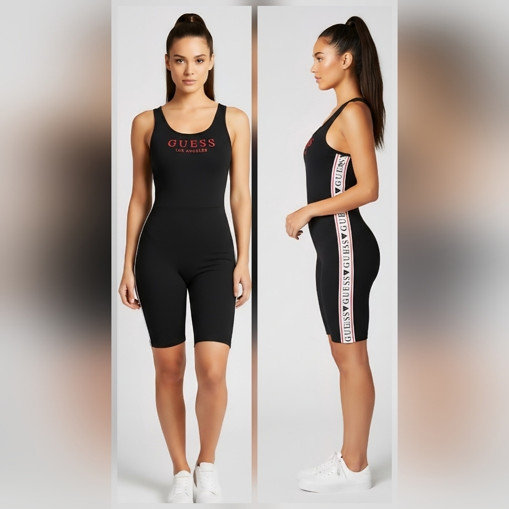 BNWT GUESS Black Logo Tank Bodysuit Striped Side Panel Y2K Athleisure Sz XS